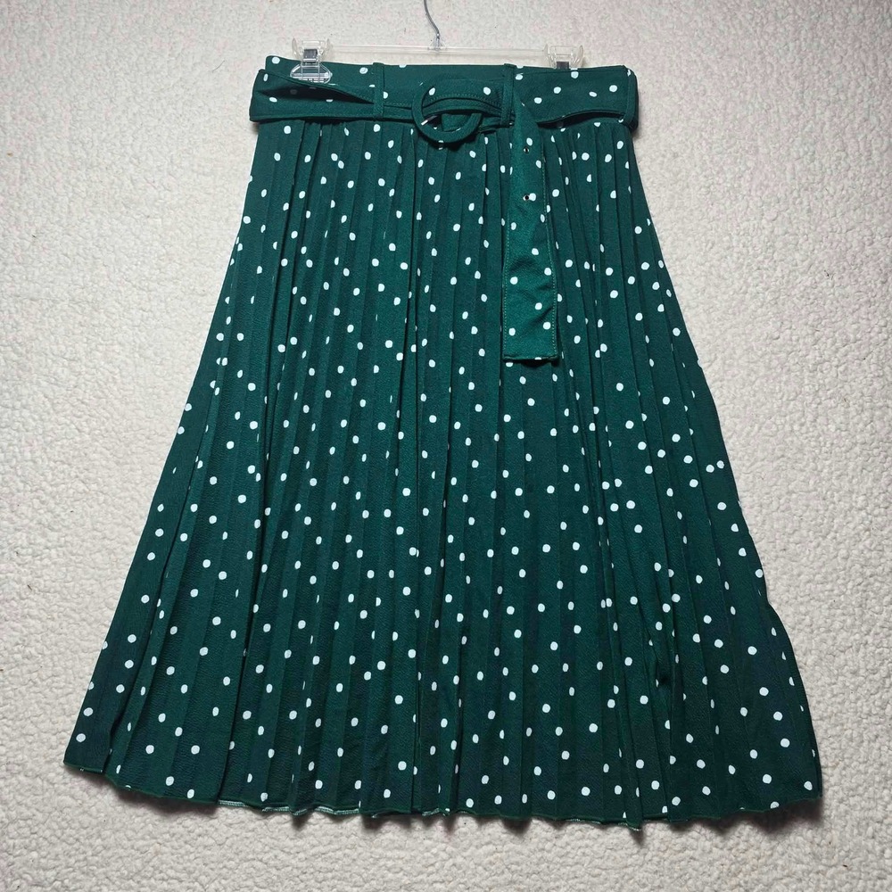 Lark+Grey Green Polka Dot Pleated Midi Skirt with Belt Women Large JR0600-M-1030